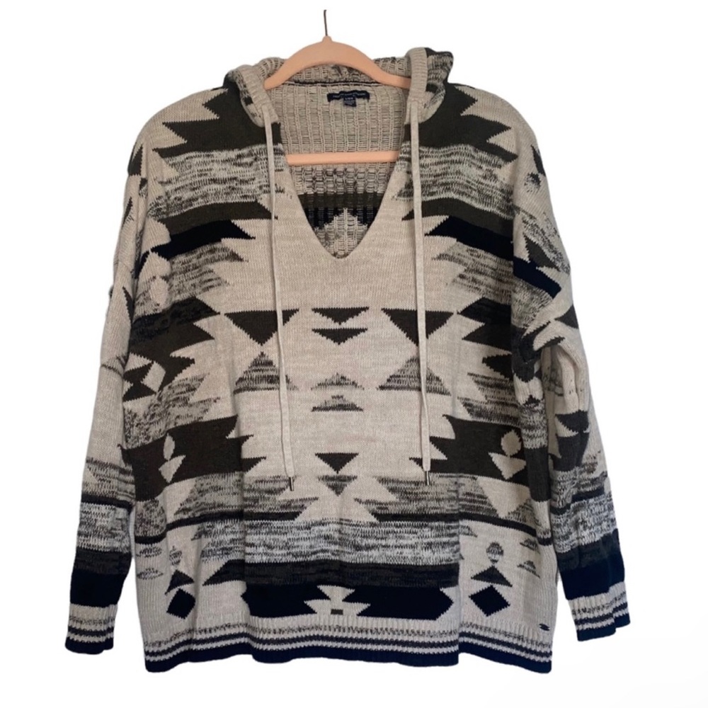 American Eagle | 100% Cotton Hooded Pullover Poncho Sweater| Geometric Sweater